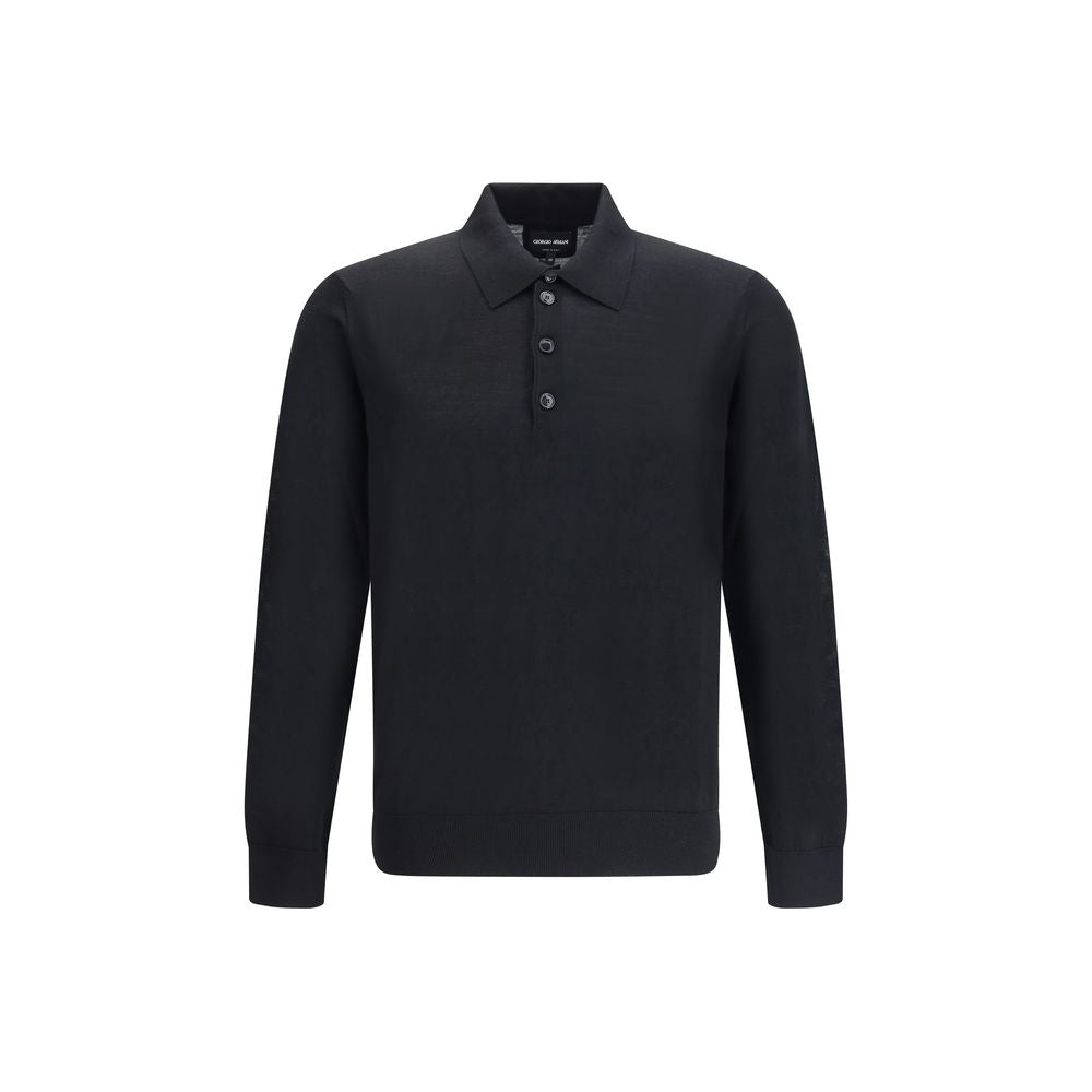 Giorgio Armani Black Fleece Wool Sweatshirt with classic collar and three-button closure, showcasing ribbed cuffs and hem for a refined style.