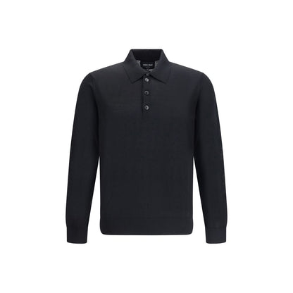 Giorgio Armani Black Fleece Wool Sweatshirt with classic collar and three-button closure, showcasing ribbed cuffs and hem for a refined style.