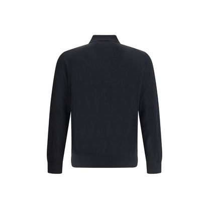 Back view of Giorgio Armani Black Fleece Wool Sweatshirt featuring classic collar and ribbed cuffs, showcasing timeless elegance.