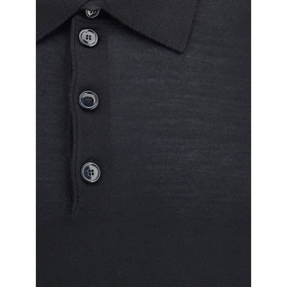 Giorgio Armani Black Fleece Wool Sweatshirt with classic collar and button closure, showcasing refined style and elegance.