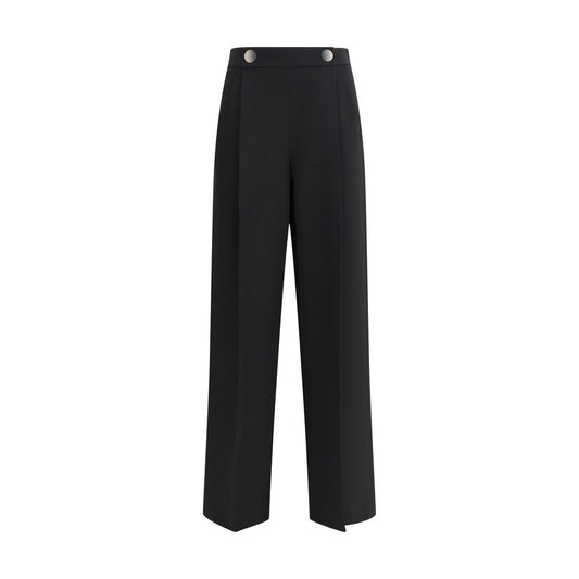 Giorgio Armani Black Silk Casual Pants with wide-leg fit and tone-on-tone pinstripe embroidery, ideal for elegant and sophisticated looks.
