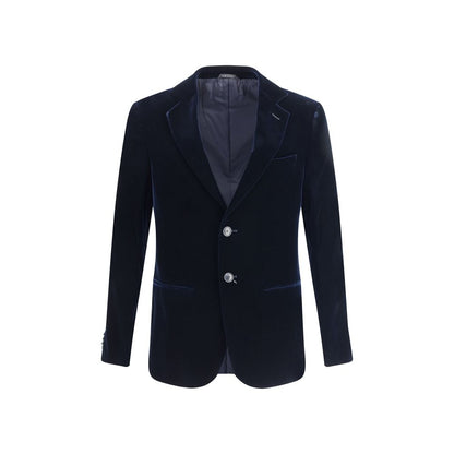 Giorgio Armani Black Viscose Blazer with notched lapels, two-button closure, and welt pockets showcasing timeless elegance.
