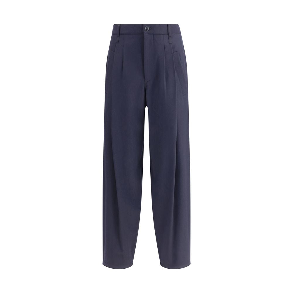 Giorgio Armani Blue Fleece Wool Casual Pants with single dart design, featuring belt loops, button closure, and multiple pockets.