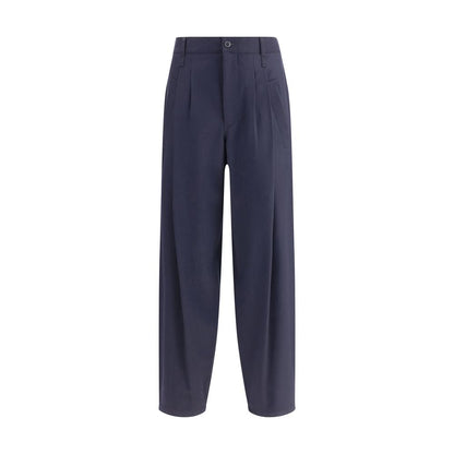Giorgio Armani Blue Fleece Wool Casual Pants with single dart design, featuring belt loops, button closure, and multiple pockets.