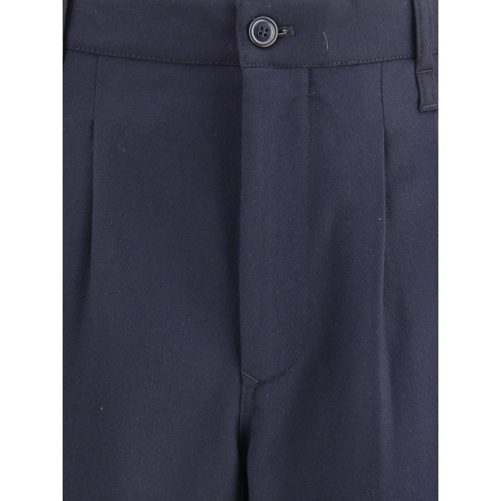 Close-up of Giorgio Armani Blue Fleece Wool Casual Pants showing front button and dart detail.