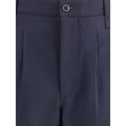 Close-up of Giorgio Armani Blue Fleece Wool Casual Pants showing front button and dart detail.