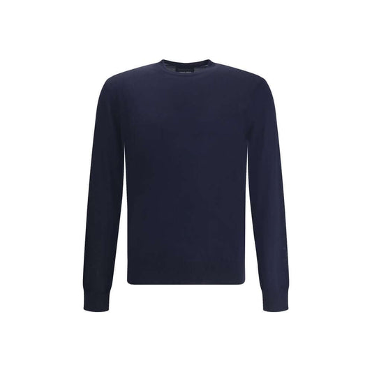 Giorgio Armani Blue Fleece Wool Sweatshirt featuring a classic crew neck, ribbed cuffs and hem, with a sophisticated slim fit design.