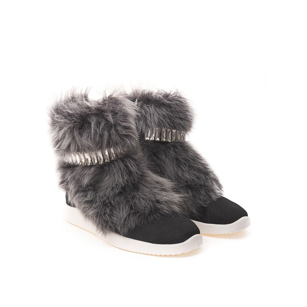 Giuseppe Zanotti Black Neoprene Chunky Sneakers with faux fur and crystals, featuring side zipper and contrasting white rubber sole.