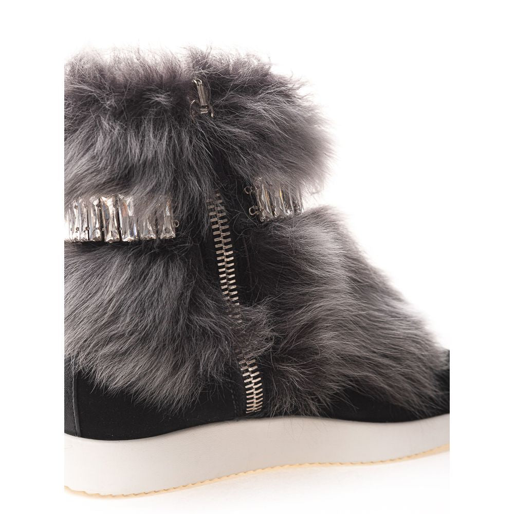 Giuseppe Zanotti Black Neoprene Chunky Sneakers with fur and crystal details, side zipper, and white rubber sole.