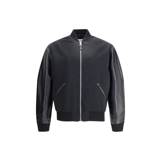 Givenchy Black Cotton Bomber with satin body and leather sleeves, featuring stretch-knit piping and Givenchy Paris logo.