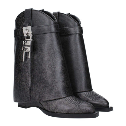 Givenchy Black Leather Ankle Boots with aged effect, wedge heel, and silver side logo detail.
