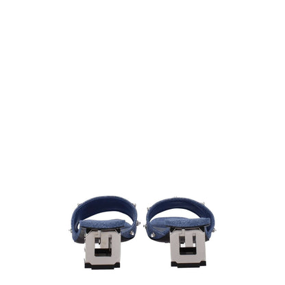 Back view of Givenchy Blue Fabric Sandals with rhinestones and open toe design, featuring mid heels and leather soles.