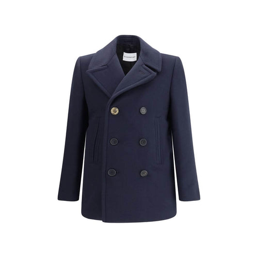 Givenchy Blue Wool Coat with double-breasted front, wide lapels, and back vent for timeless style and functionality. Season: AW25.