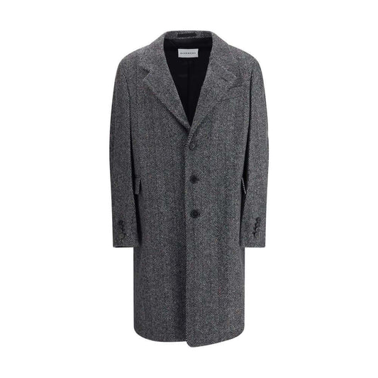 Givenchy Gray Wool Coat with herringbone pattern, wide lapel, three welt pockets, and button closure, AW25 regular fit.