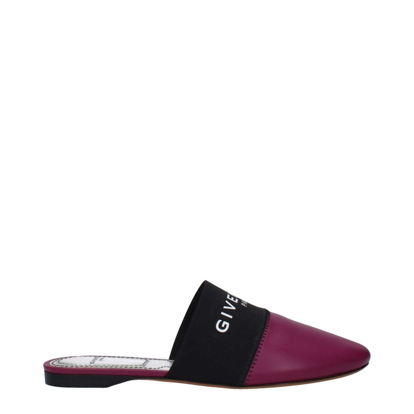 Givenchy Purple Leather Slippers with front logo, low flat heel, round toe style, and dark orchid details, MPN BE2002E01H510.