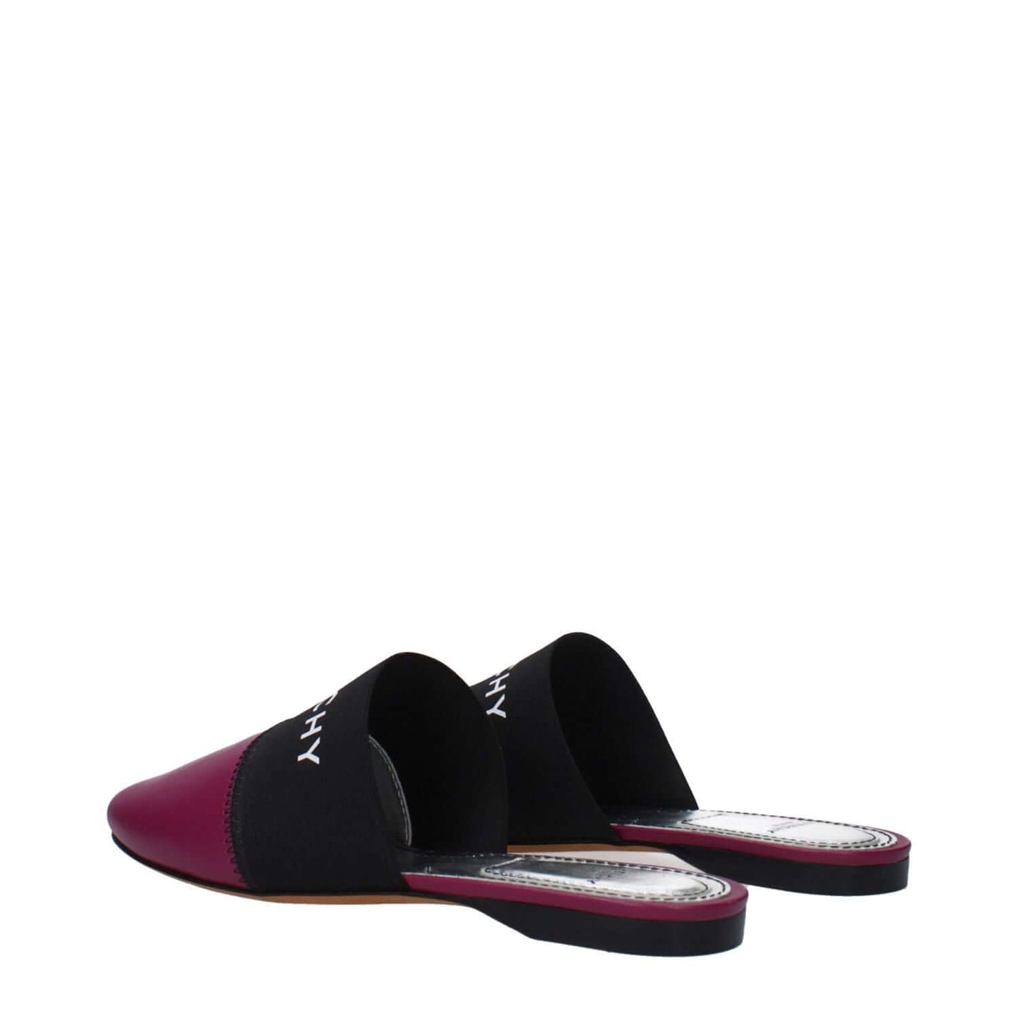 Givenchy Purple Leather Slippers with front logo, round toe, low flat heel, dark orchid accents. Style: Casual, Material: Leather.
