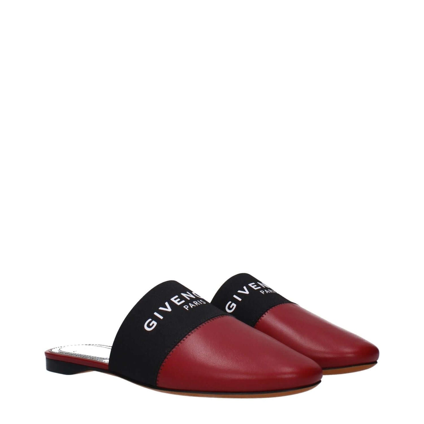 Givenchy Red Leather Slippers with front logo, casual style with round toe. MPN BE2002E01H607, features leather sole, low and flat heel.