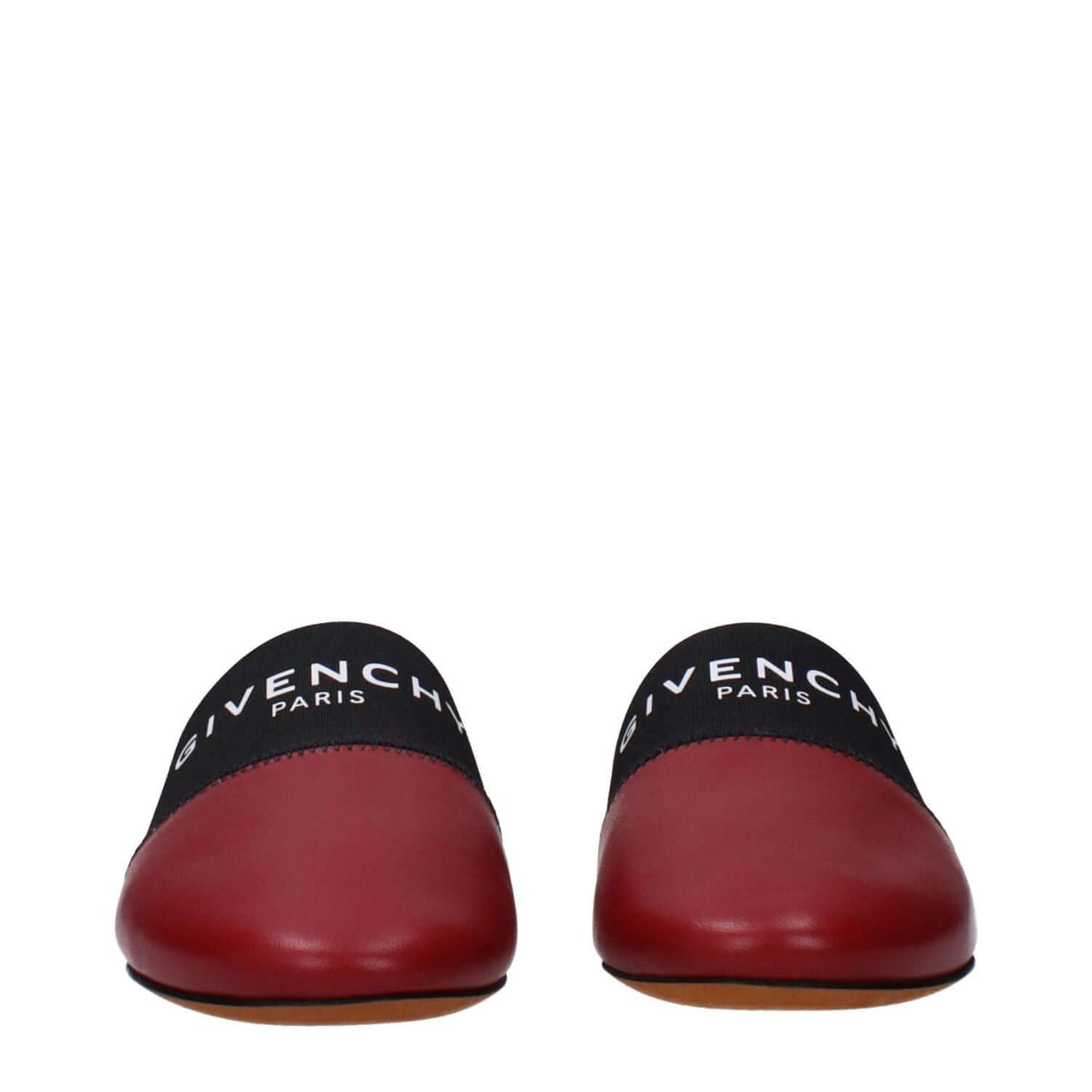 Givenchy Red Leather Slippers with front logo, casual style, round toe, leather sole, and low flat heel. MPN: BE2002E01H607.