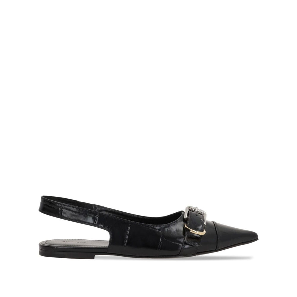 Black Givenchy Voyou Ballerinas with embossed crocodile effect, pointed toe, decorative buckle, slingback strap, and low heel.