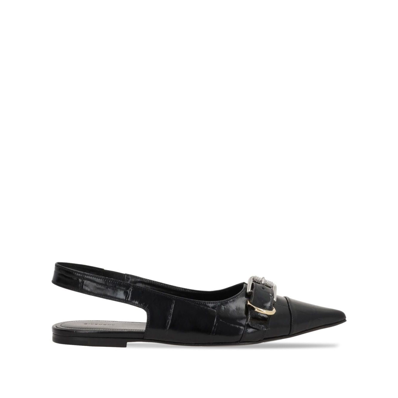 Black Givenchy Voyou Ballerinas with embossed crocodile effect, pointed toe, decorative buckle, slingback strap, and low heel.