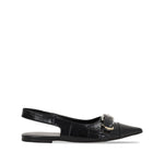 Black Givenchy Voyou Ballerinas with embossed crocodile effect, pointed toe, decorative buckle, slingback strap, and low heel.
