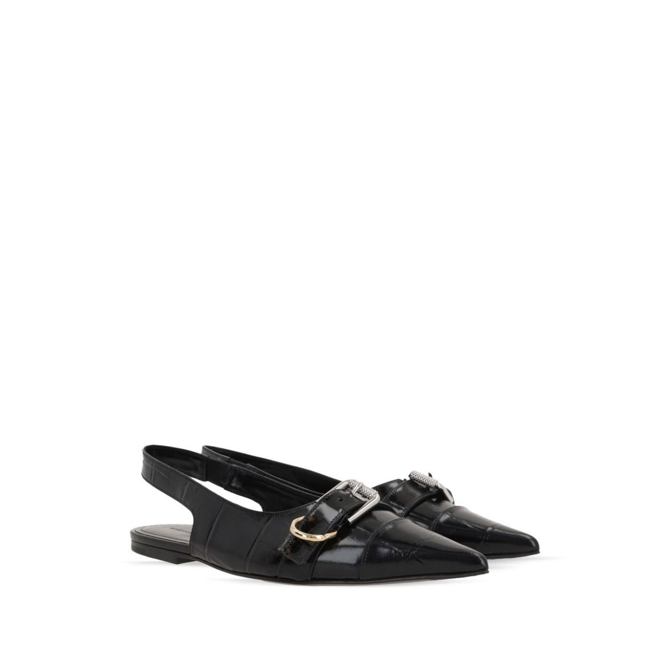 Givenchy Voyou Ballerinas in black embossed crocodile leather with buckle detailing and pointed toe, featuring elasticated slingback strap.