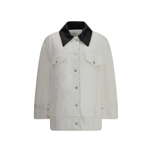 Givenchy White Cotton Denim Jacket with leather collar and logo, featuring oversized fit and button closure. Perfect for urban style.