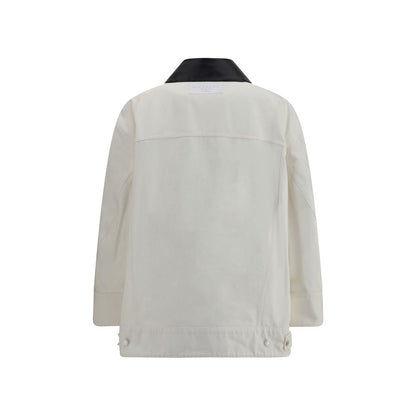 Givenchy White Cotton Denim Jacket with black leather collar, logo applique, and oversized silhouette, back view.