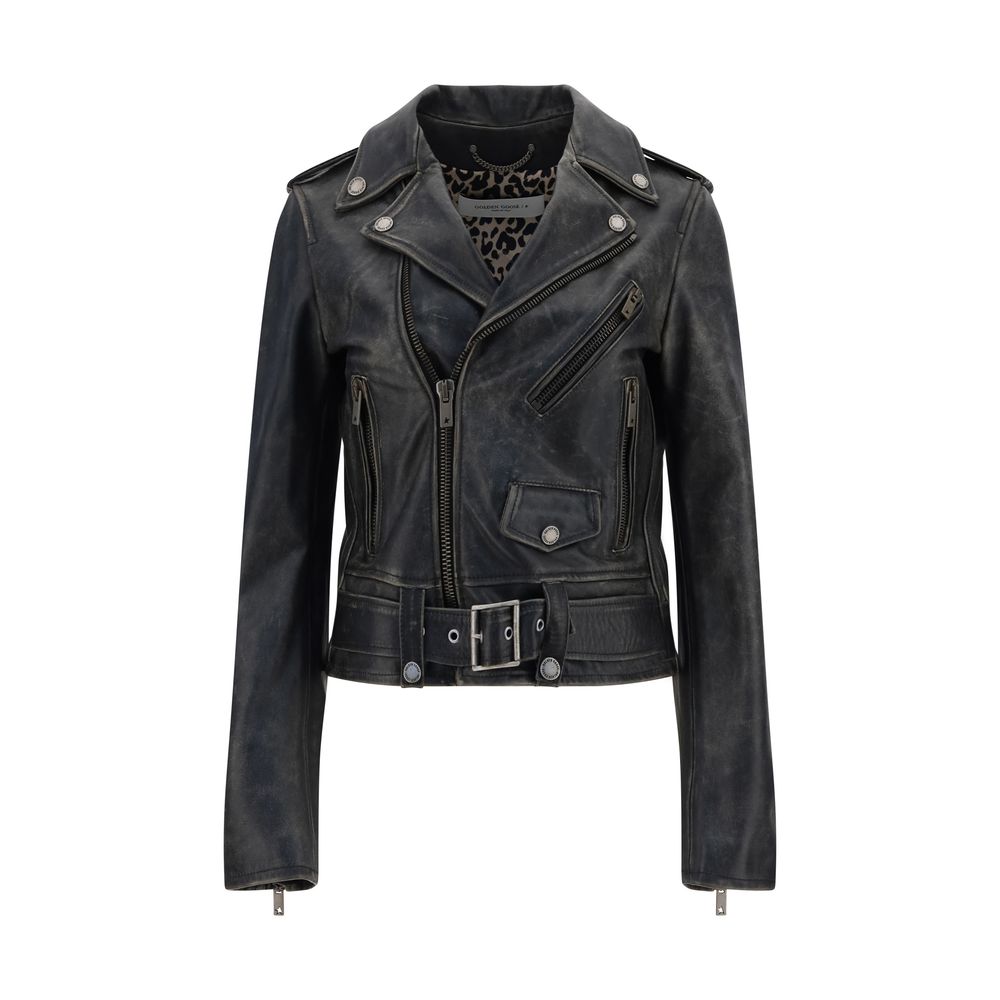 Golden Goose Black Calf Leather Bos Taurus Biker Jacket with asymmetrical zipper, classic lapels, and metallic buckle belt.