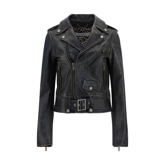 Golden Goose Black Calf Leather Bos Taurus Biker Jacket with asymmetrical zipper, classic lapels, and metallic buckle belt.