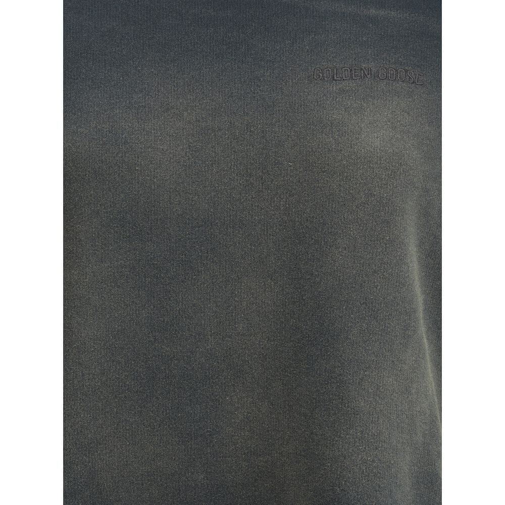 Golden Goose Black Cotton Sweatshirt with ribbed crew neck and embroidered monogram, featuring a vintage washed-out effect, oversized fit.