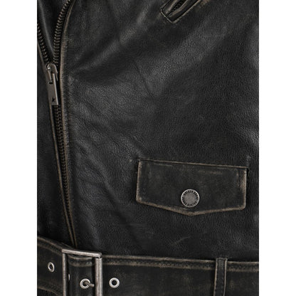 Golden Goose Brown Calf Leather Bos Taurus Biker Jacket with vintage effect and zipper, flap pocket and adjustable leather waistband.
