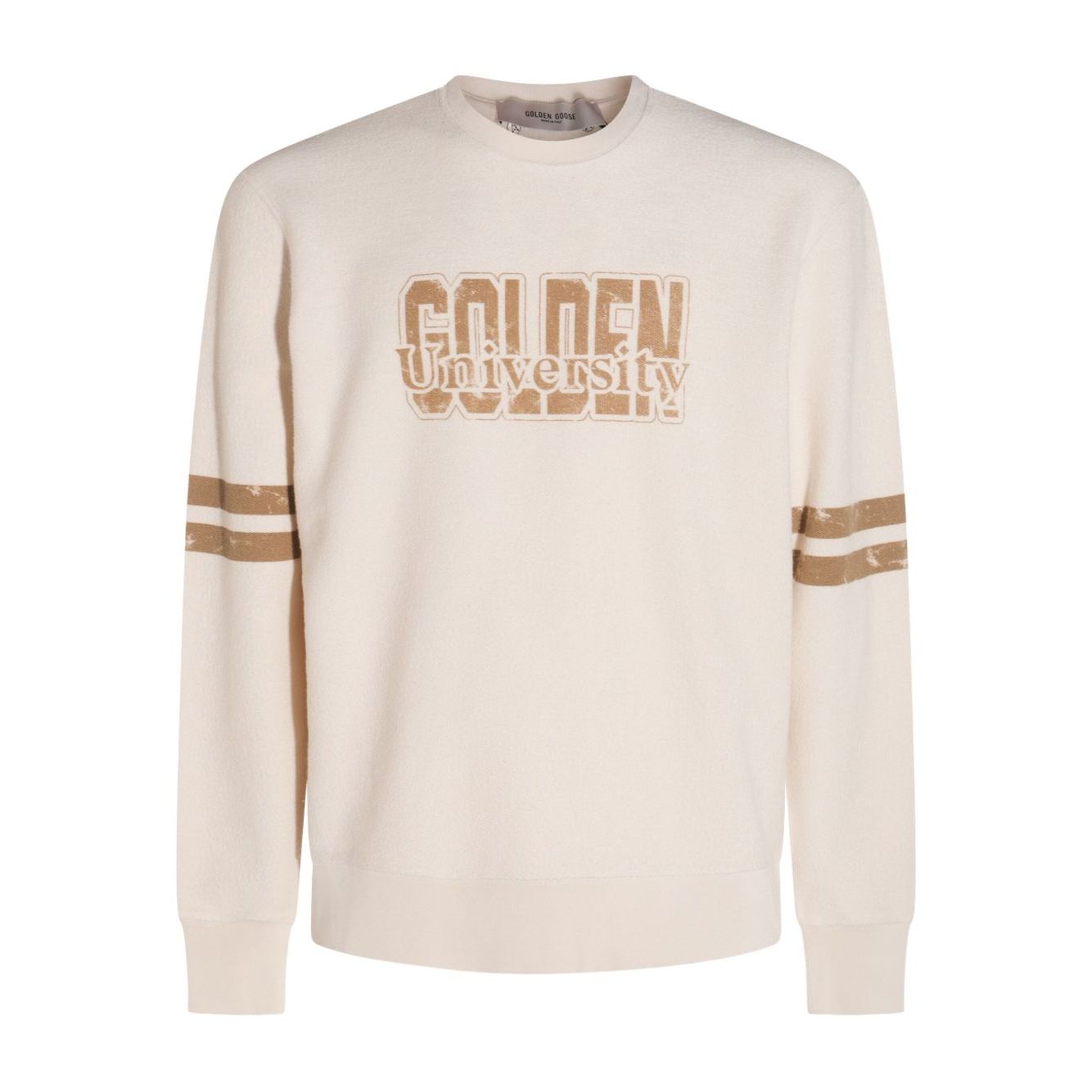 Golden Goose Sweaters White, cream 'Golden University' text, stripe detailing on sleeves, crew neck cotton sweatshirt.