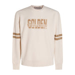Golden Goose Sweaters White, cream 'Golden University' text, stripe detailing on sleeves, crew neck cotton sweatshirt.