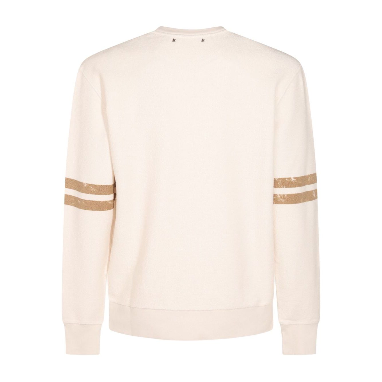 Golden Goose Sweaters White with cream text design and stripe detailing on sleeves, crew neck, cotton sweatshirt. Back view.