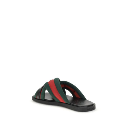 Gucci Black Polyamide Flat Sandals featuring green and red web fabric with silver-tone GG logo for AW25.