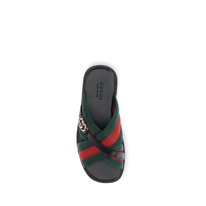 Gucci Black Polyamide Flat Sandals with green and red Web fabric and Interlocking GG logo, men’s footwear AW25.