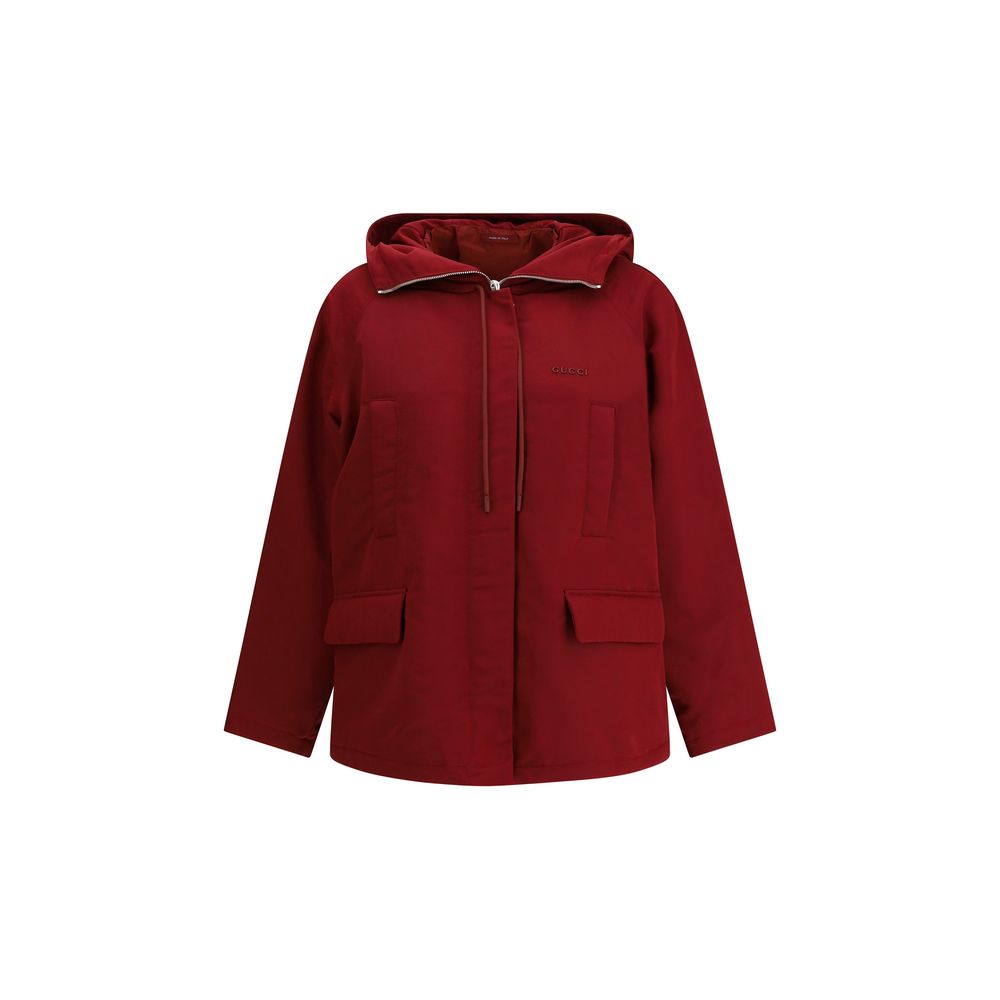 Gucci Bordeaux Polyester Shell Jacket with hood, front pockets, and adjustable hem for a refined urban style, AW25 collection.