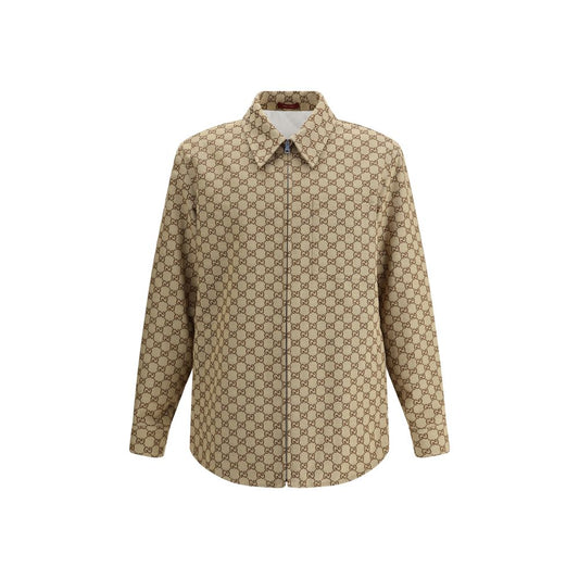 Gucci Brown Cotton Jackets And Coat with iconic GG jacquard texture, featuring versatile shirt style and elegant classic collar.