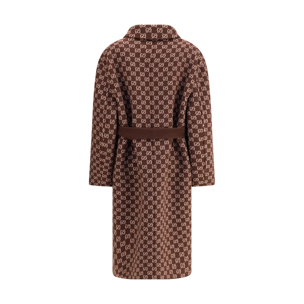 Back view of Gucci Brown Wool Coat with GG pattern, showcasing elegant design and sophisticated style.