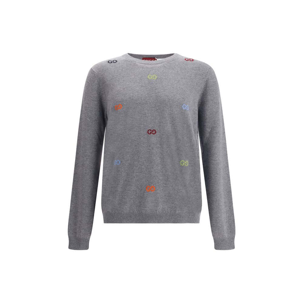 Gucci Gray Cashmere Sweatshirt with multicolor jacquard logos and ribbed trims, showcasing luxury and style for AW25 season.