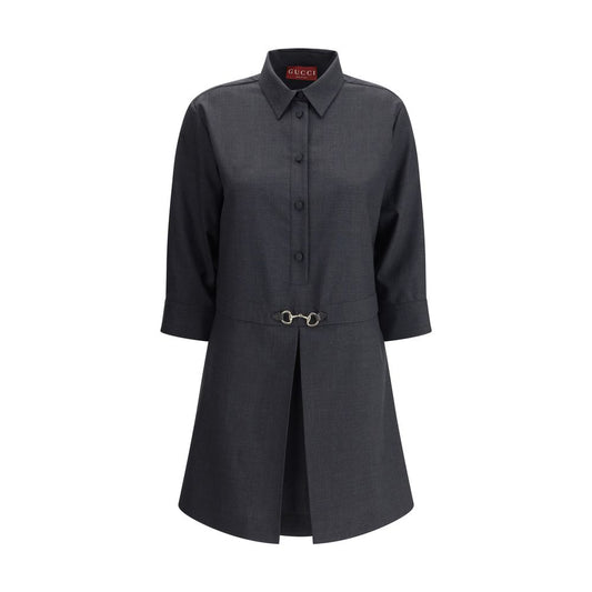 Gucci Gray Wool Casual Dress with front buttons, classic collar, and horsebit detail for an elegant look.
