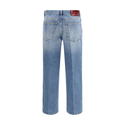 Gucci Light Blue Cotton Straight-Leg Jeans with five-pocket design and naplak label, featuring a classic fit and belt loops for AW25 season.