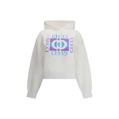 Gucci White Cotton Sweatshirt with vintage logo print, fixed hood, drawstring, in lightweight cotton jersey for stylish everyday wear.