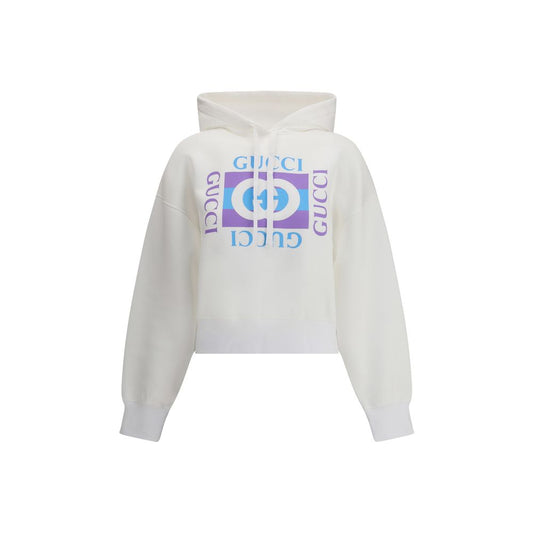 Gucci White Cotton Sweatshirt with vintage logo print, adjustable hood, and ribbed trim for a modern fit.
