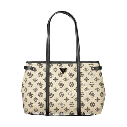 Guess Jeans Beige Cotton Women Handbag with black handles, featuring logo pattern and spacious compartments for stylish organization.