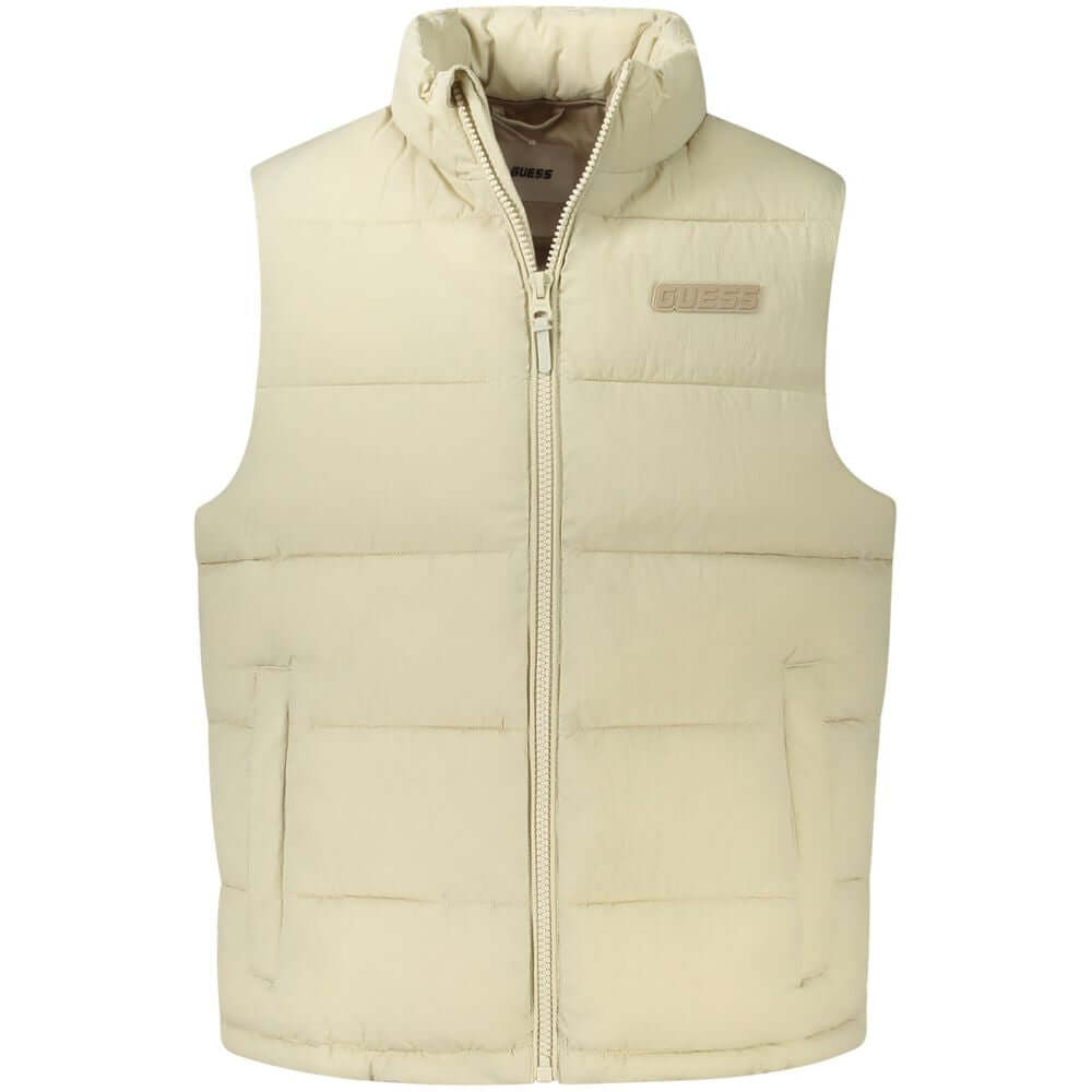 Guess Jeans Beige Polyamide Men Jacket, sleeveless, water-resistant, iconic logo, stylish outerwear with practical pockets.