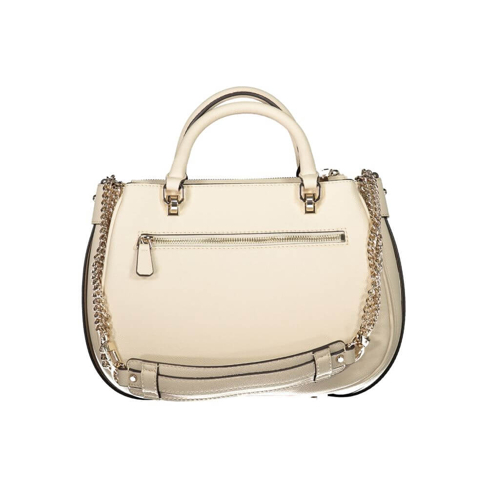 Guess Jeans Beige Polyethylene Handbag with chain strap, external pocket, three compartments, and protective feet.