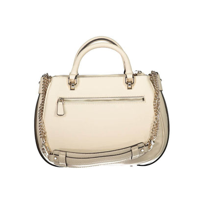 Guess Jeans Beige Polyethylene Handbag with chain strap, external pocket, three compartments, and protective feet.
