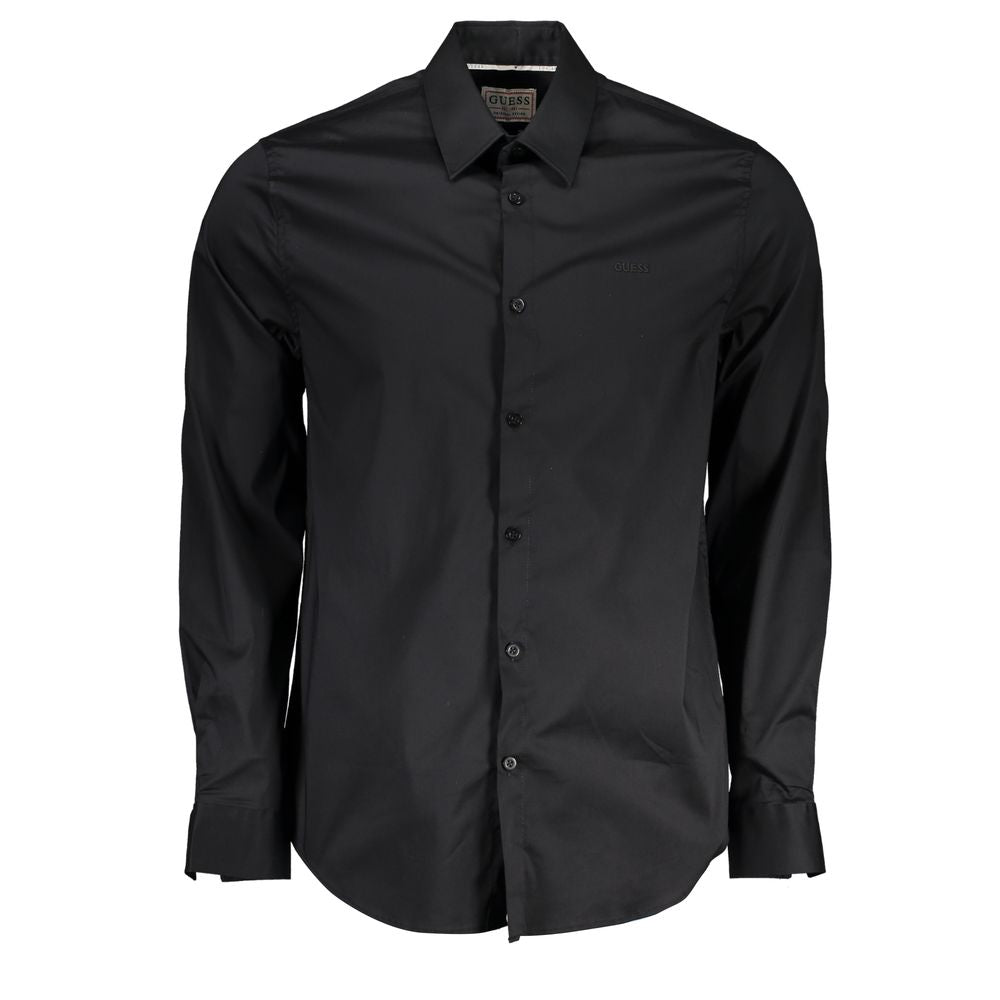 Guess Jeans Black Cotton Shirt, slim fit, long sleeves, Italian collar, organic cotton, embroidery logo, 2 button cuffs.